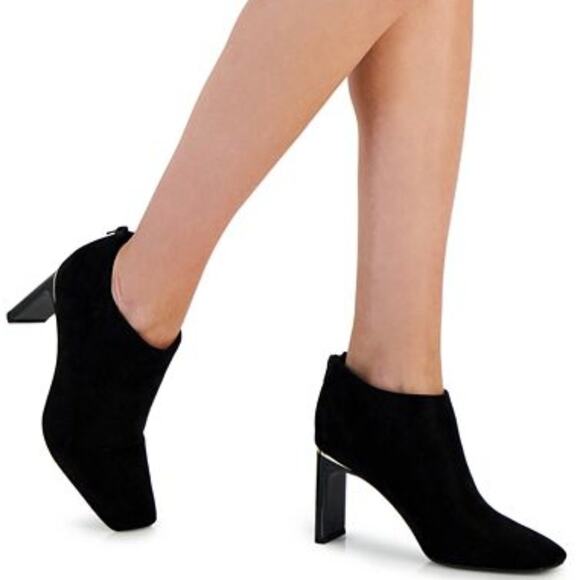 ALFANI BRITTNEE SQUARE-TOE BLACK SUEDE BOOTIES 9 GOLD TRIM ON HEEL NWOB - Picture 1 of 16